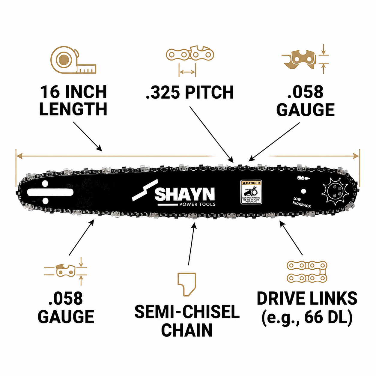SHAYN 16 Inch (40cm) Chainsaw Chain x2 & Guide Bar x1, 66 DL, .325" 0.058" (1.5mm) Gauge, A041 Mount, Semi-Chisel Chainsaw Blade, Pre-Sharpened, Low Kickback, Fits 45-65cc Chainsaws