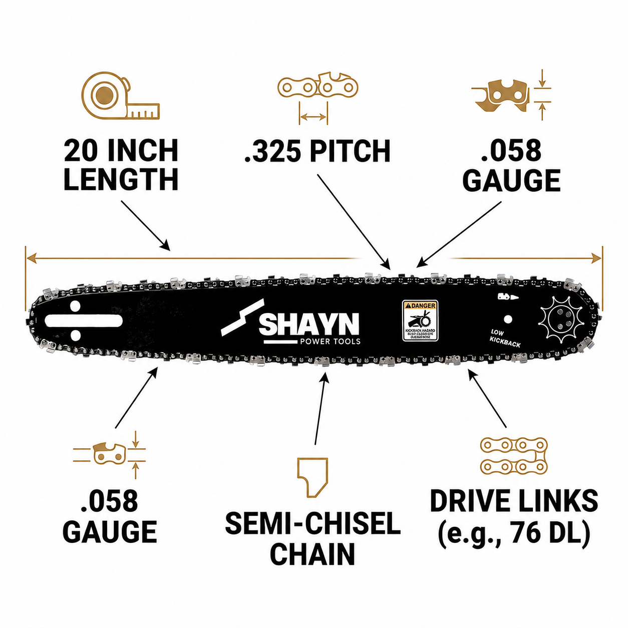 SHAYN 20" Chainsaw Chain x2 & Guide Bar x1 Set – A041 Mount