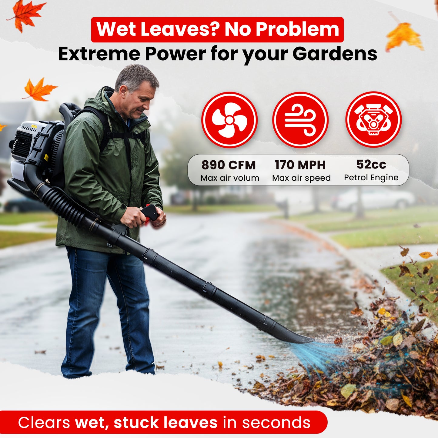 52cc Petrol Leaf Blower Backpack - Easy Start 170MPH- Powerful Leaf Blower Petrol, 890CFM, Anti-Vibration, Padded Harness, 2-Stroke Garden Blower for Wet Leaves, Paths, Lawns, 3-Years Warranty