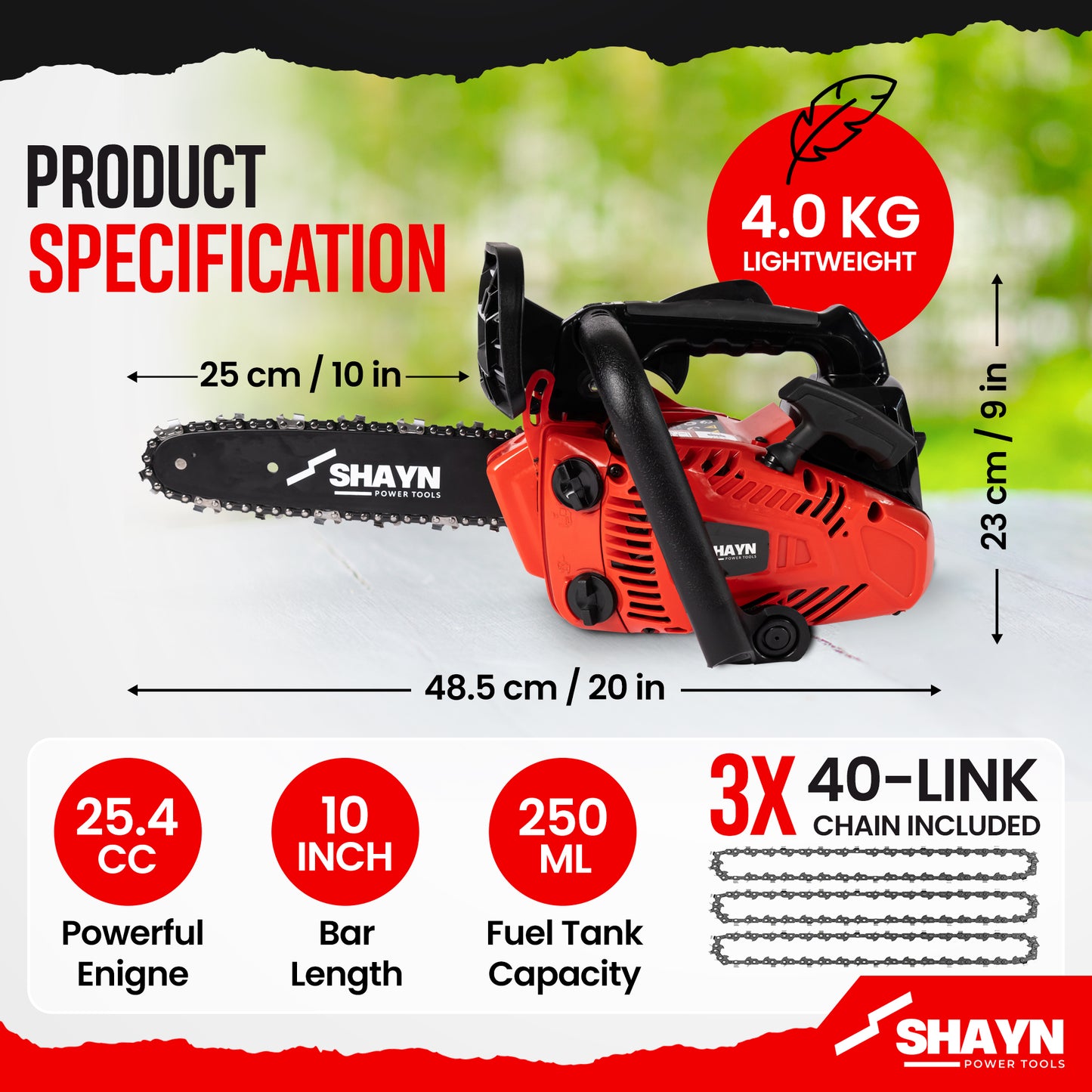 SHAYN 25.4cc Petrol Chainsaw 2-Stroke Top Handle Chain Saw with 10” Bar & Three Chains
