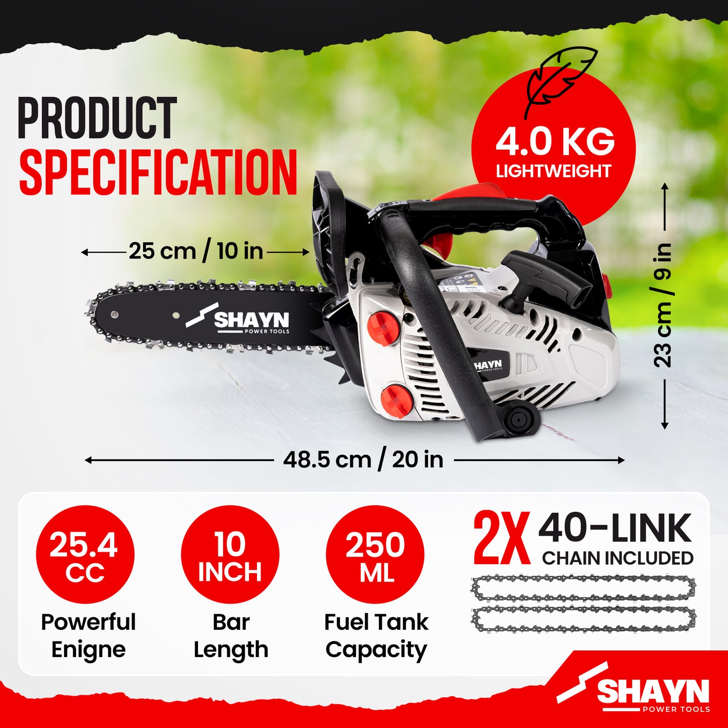 SHAYN 26cc Petrol Chainsaw 2-Stroke Top Handle Chain Saw with 10” Bar & Two Chains
