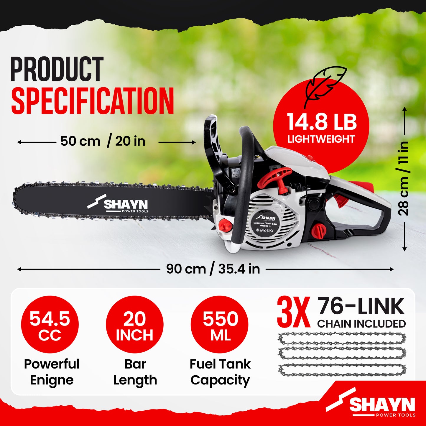 Petrol Chainsaw 54.5 cc 20" Bar & 3 Chains 2 Stroke Easy-Start 3.6HP Storage Bag