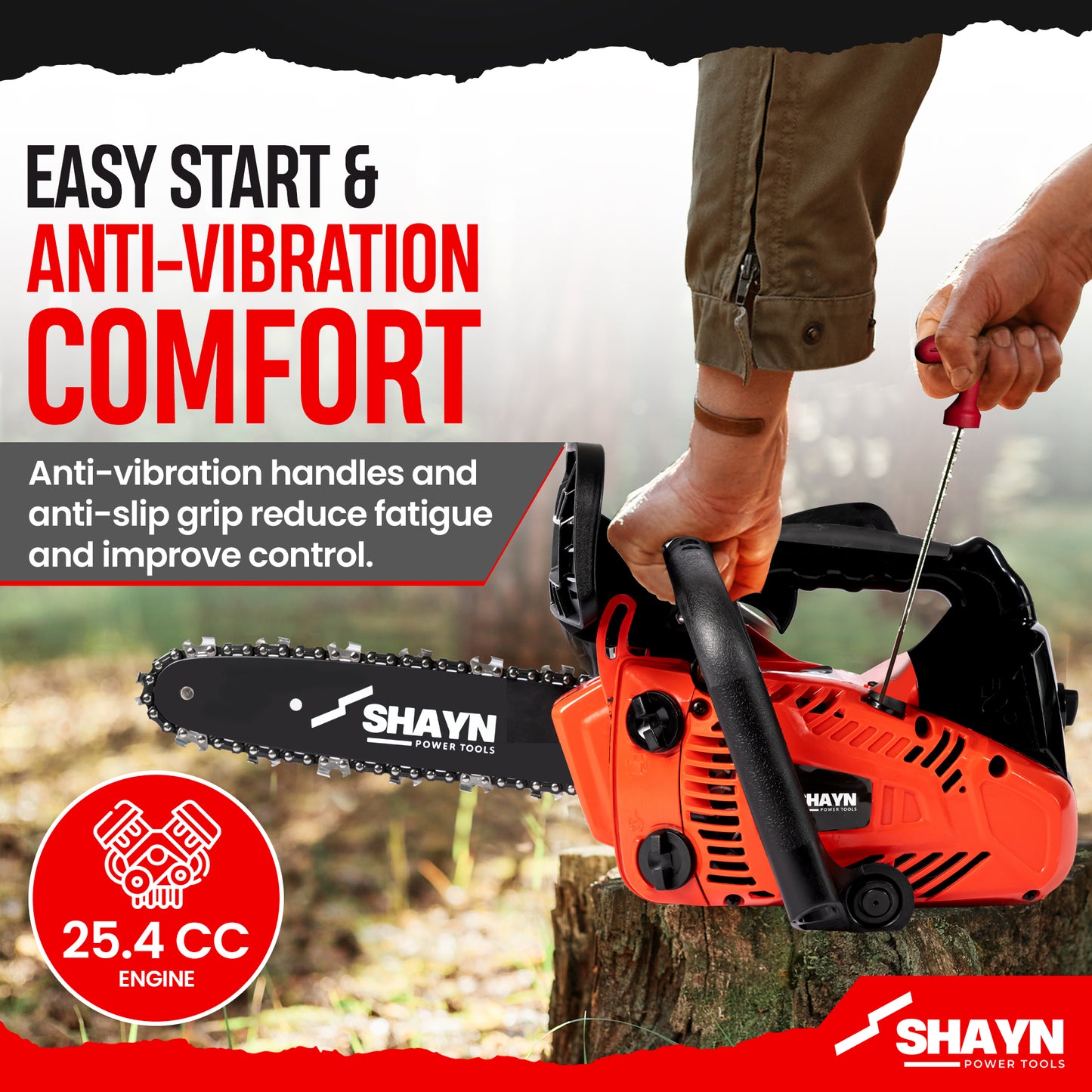 SHAYN 25.4cc Petrol Chainsaw 2-Stroke Top Handle Chain Saw with 10” Bar & Three Chains
