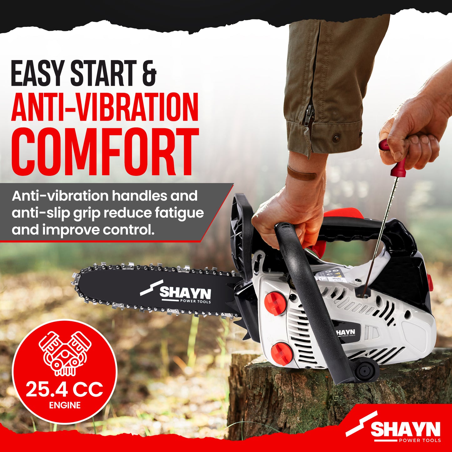 SHAYN 26cc Petrol Chainsaw 2-Stroke Top Handle Chain Saw with 10” Bar & Three Chains