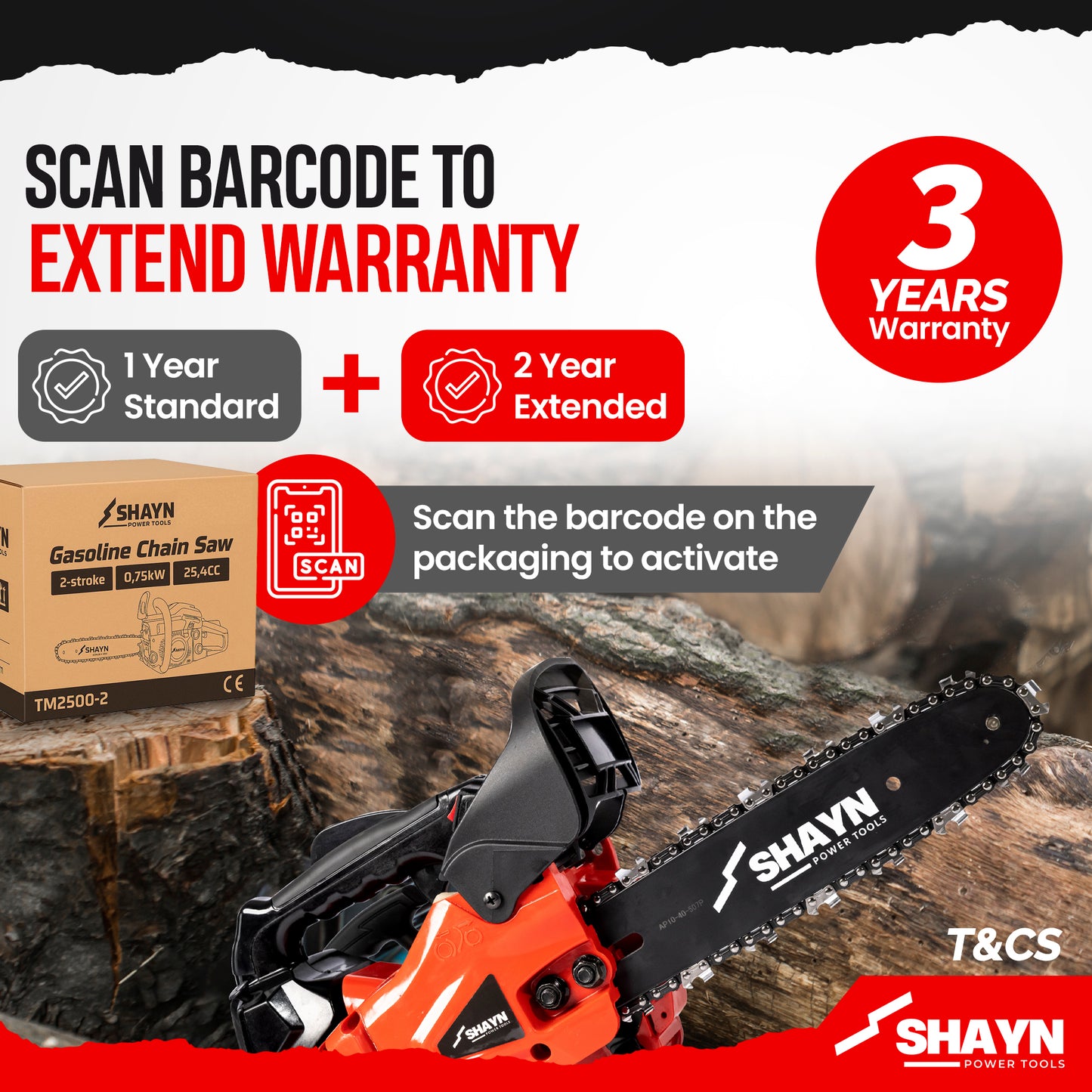 SHAYN 25.4cc Petrol Chainsaw 2-Stroke Top Handle Chain Saw with 10” Bar & Two Chains