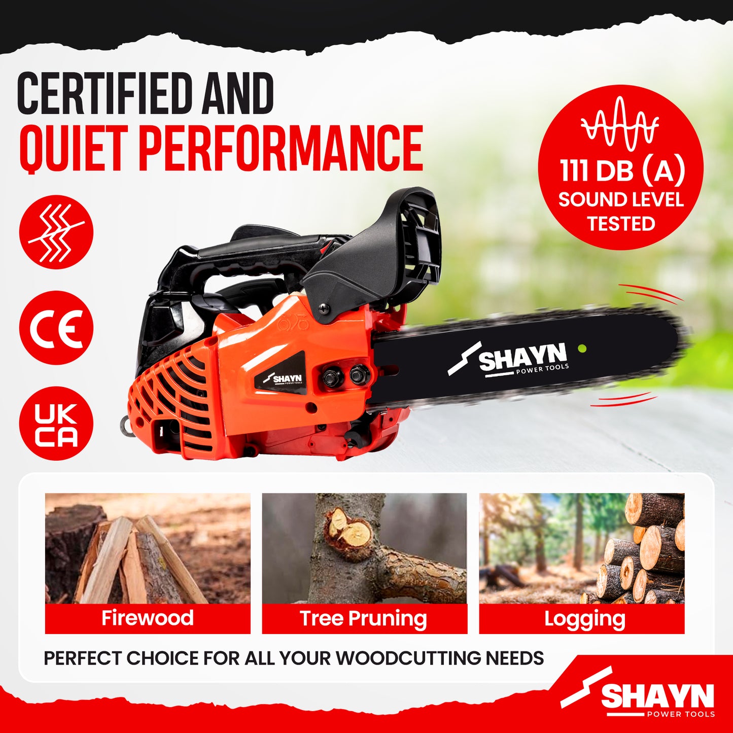 SHAYN 25.4cc Petrol Chainsaw 2-Stroke Top Handle Chain Saw with 10” Bar & Three Chains