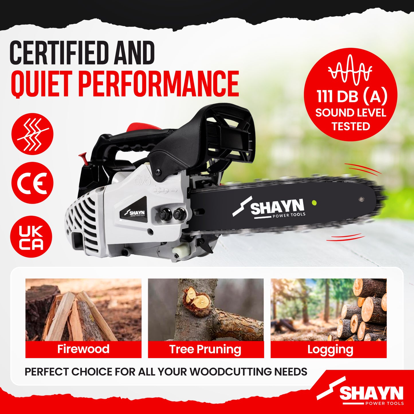 SHAYN 26cc Petrol Chainsaw 2-Stroke Top Handle Chain Saw with 10” Bar & Three Chains