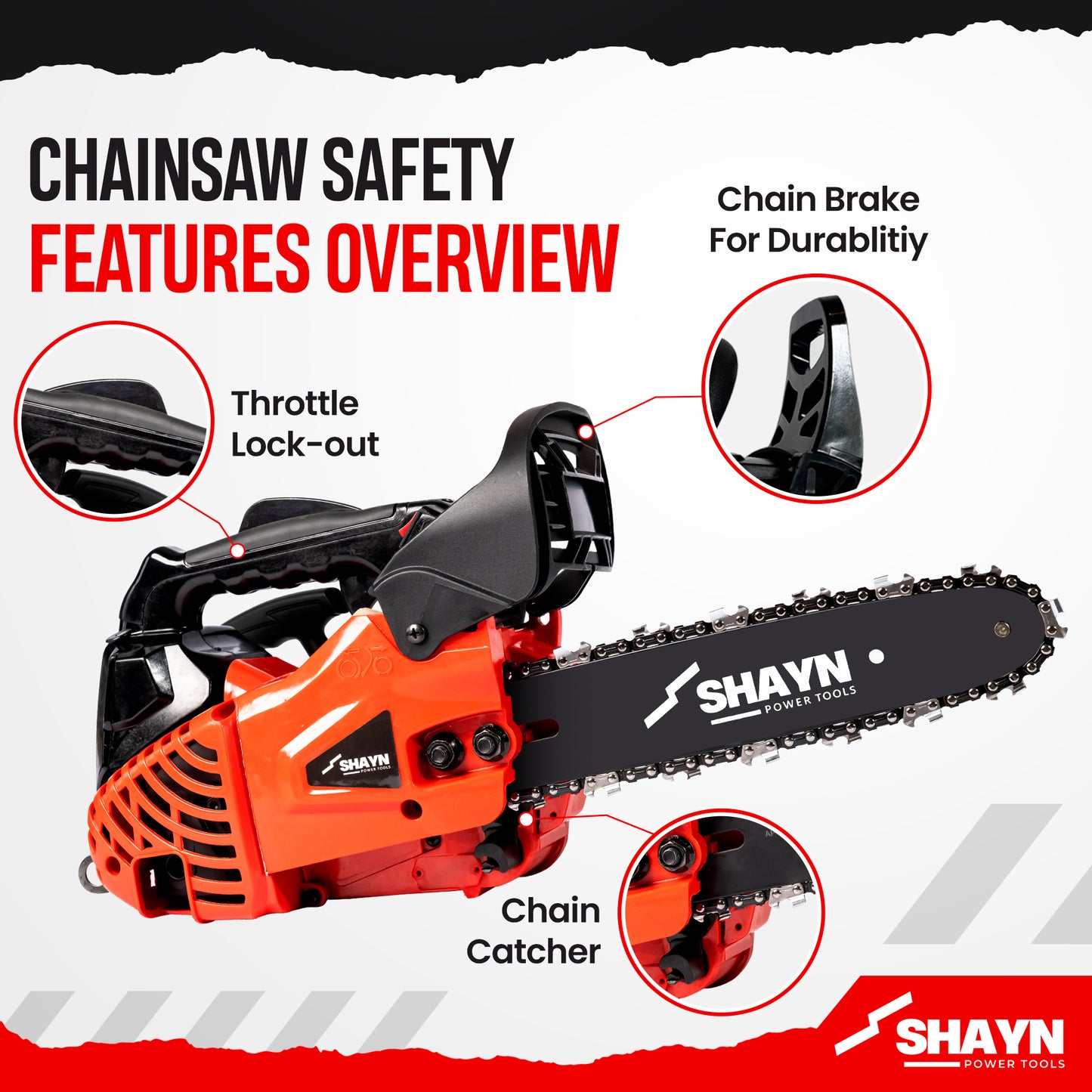 SHAYN 25.4cc Petrol Chainsaw 2-Stroke Top Handle Chain Saw with 10” Bar & Three Chains