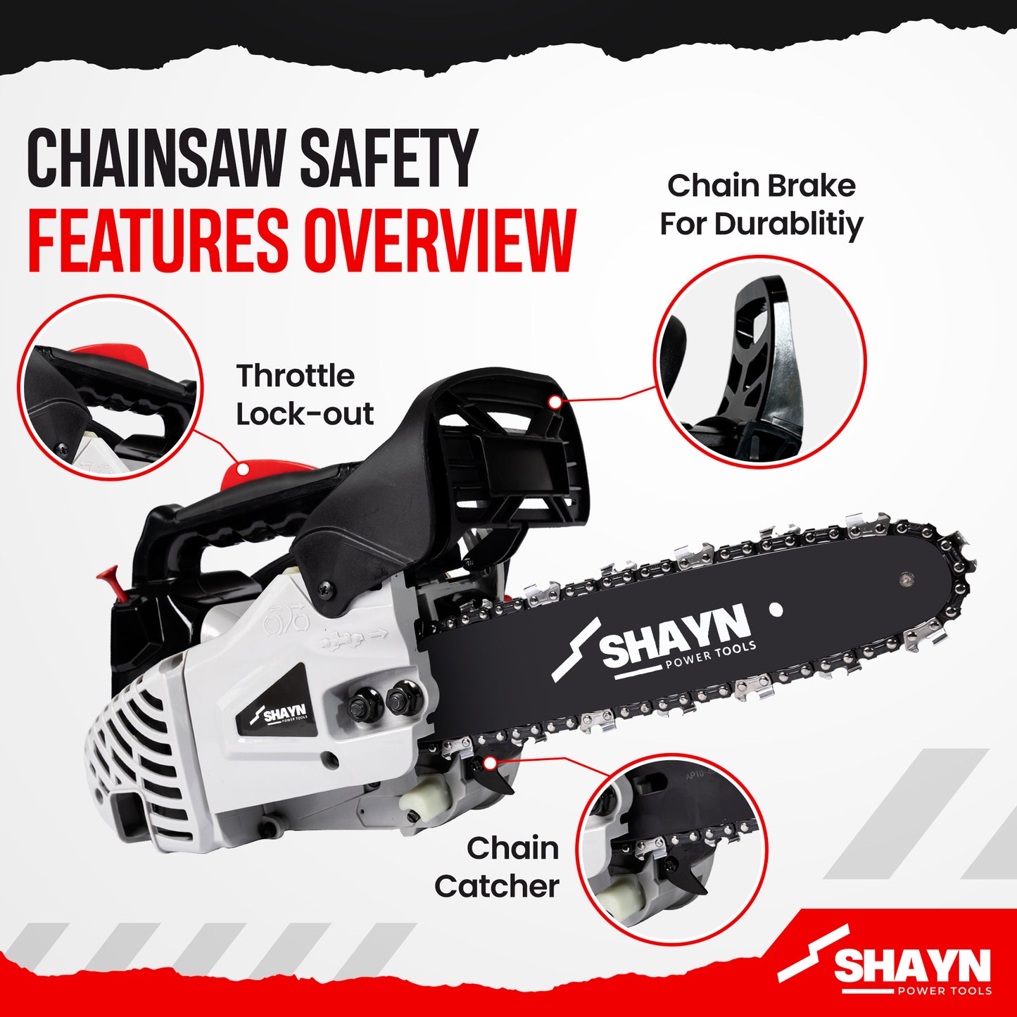 SHAYN 26cc Petrol Chainsaw 2-Stroke Top Handle Chain Saw with 10” Bar & Two Chains