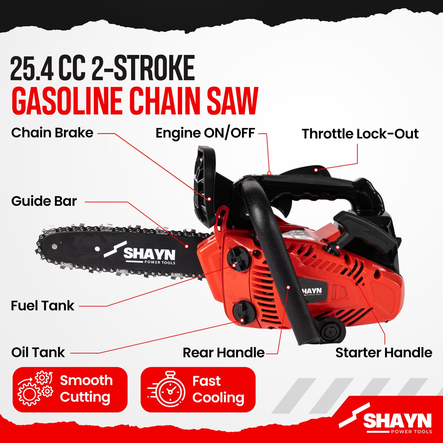 SHAYN 25.4cc Petrol Chainsaw 2-Stroke Top Handle Chain Saw with 10” Bar & Three Chains