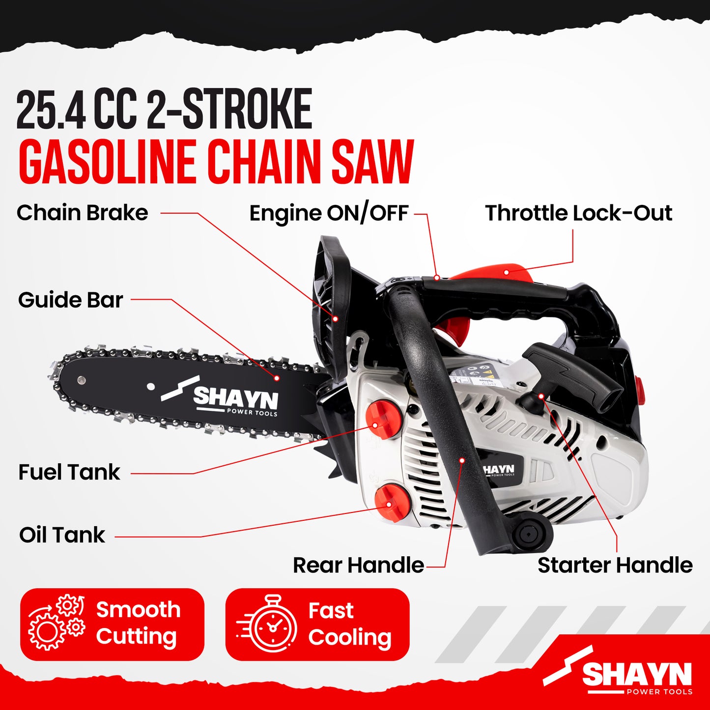 SHAYN 26cc Petrol Chainsaw 2-Stroke Top Handle Chain Saw with 10” Bar & Three Chains