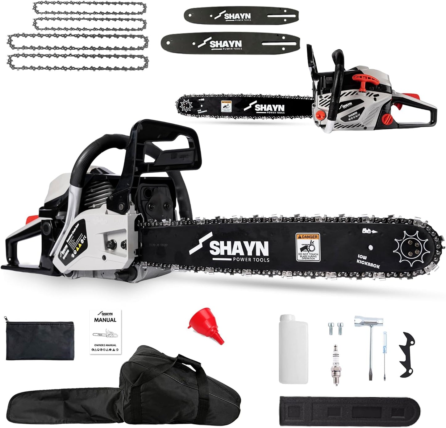 SHAYN 58cc Petrol Chainsaw - 2-Stroke Top Handle Chain Saw with 20" & 16" Bar, 4 Spare Chain, Anti-Vibration, Low-Noise, Auto Oiler, Toolkit & Carry Bag - Lightweight Garden Saw with 3-Year Warranty