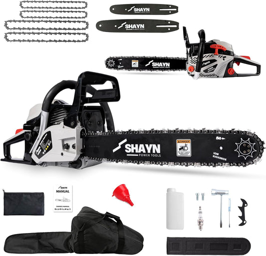 SHAYN 58cc Petrol Chainsaw - 2-Stroke Top Handle Chain Saw with 20" & 16" Bar, 4 Spare Chain, Anti-Vibration, Low-Noise, Auto Oiler, Toolkit & Carry Bag - Lightweight Garden Saw with 3-Year Warranty