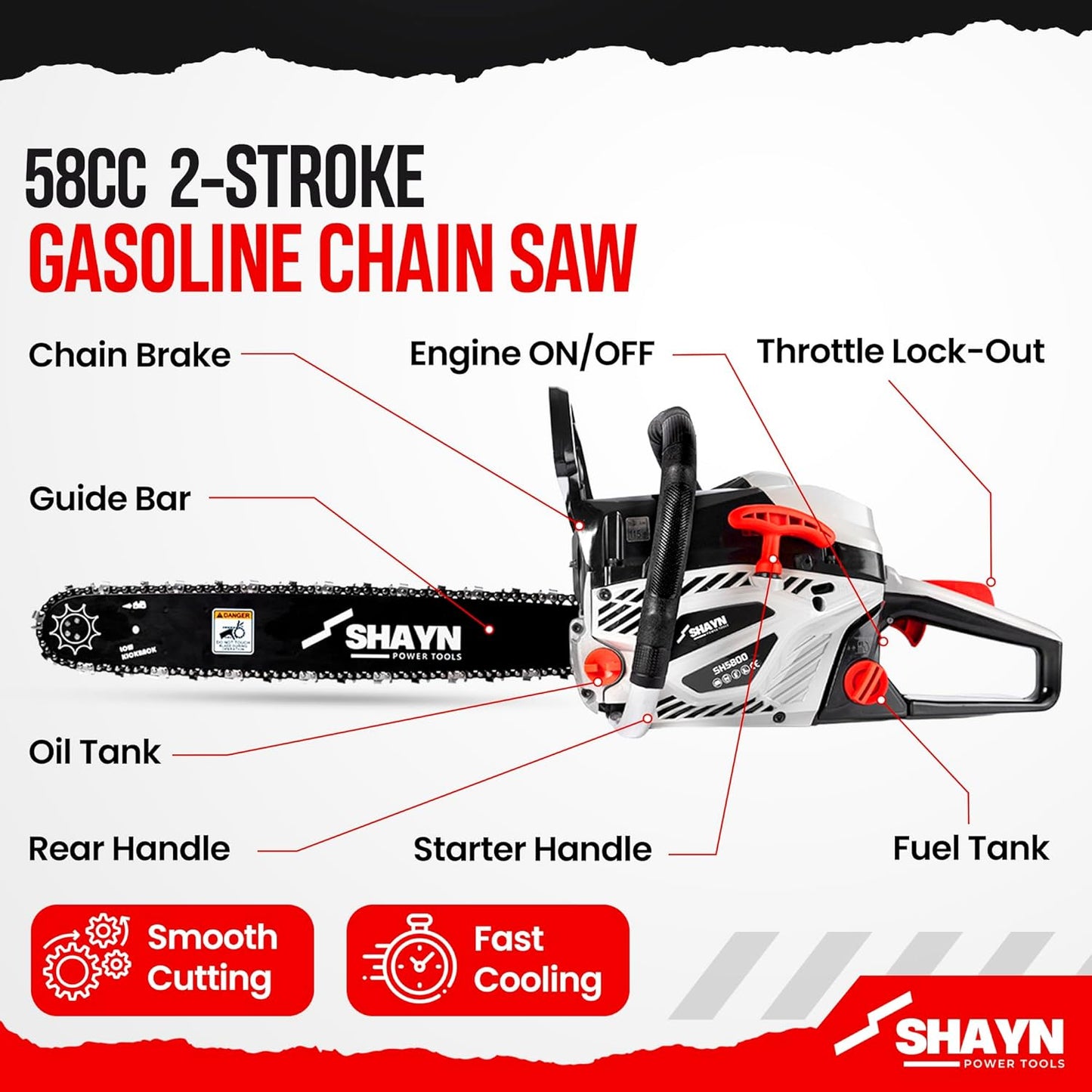 SHAYN 58cc Petrol Chainsaw - 2-Stroke Top Handle Chain Saw with 20" Bar, 3 Spare Chain, Anti-Vibration, Low-Noise, Auto Oiler, Toolkit & Carry Bag - Lightweight Garden Saw with 3-Year Warranty