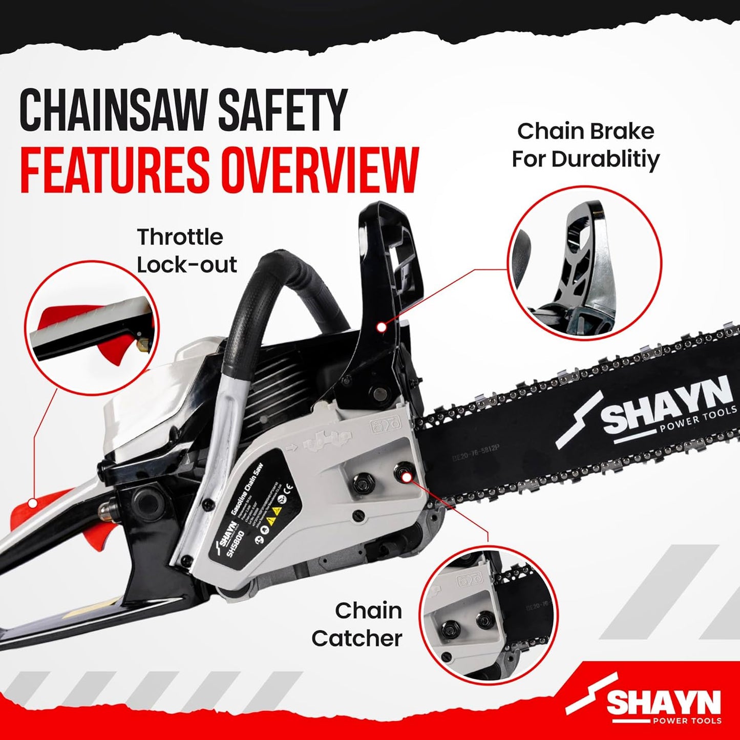 SHAYN 58cc Petrol Chainsaw - 2-Stroke Top Handle Chain Saw with 20" & 16" Bar, 4 Spare Chain, Anti-Vibration, Low-Noise, Auto Oiler, Toolkit & Carry Bag - Lightweight Garden Saw with 3-Year Warranty