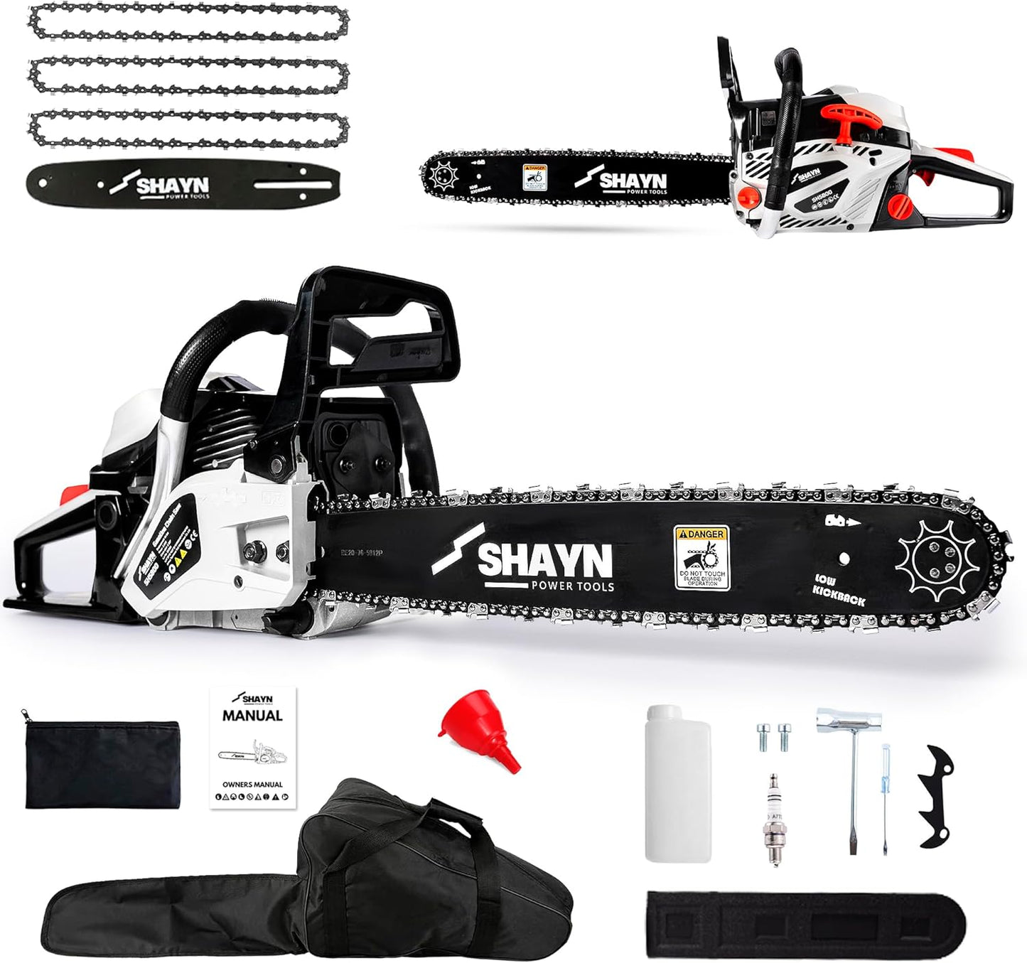 SHAYN 58cc Petrol Chainsaw - 2-Stroke Top Handle Chain Saw with 20" Bar, 3 Spare Chain, Anti-Vibration, Low-Noise, Auto Oiler, Toolkit & Carry Bag - Lightweight Garden Saw with 3-Year Warranty