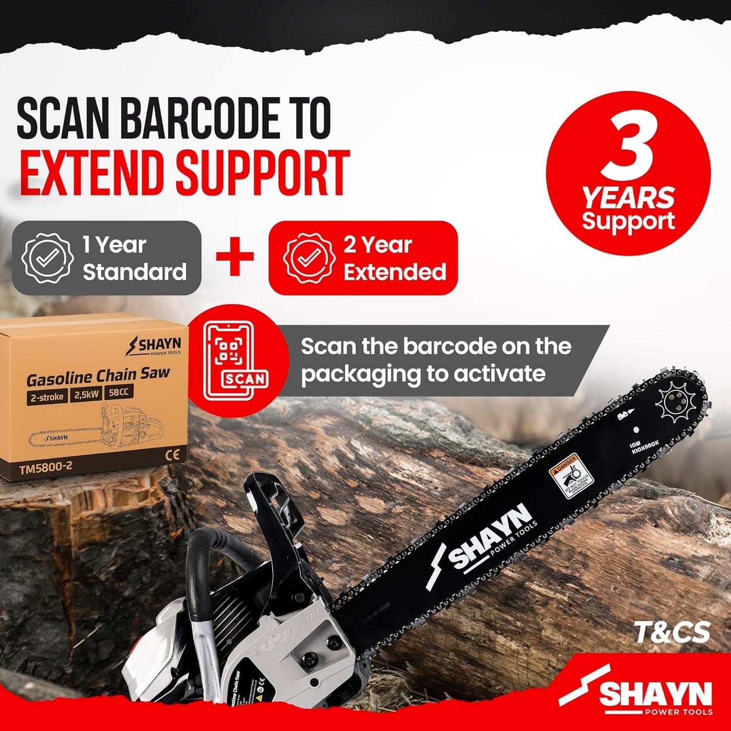 SHAYN 58cc Petrol Chainsaw - 2-Stroke Top Handle Chain Saw with 20" Bar, 3 Spare Chain, Anti-Vibration, Low-Noise, Auto Oiler, Toolkit & Carry Bag - Lightweight Garden Saw with 3-Year Warranty