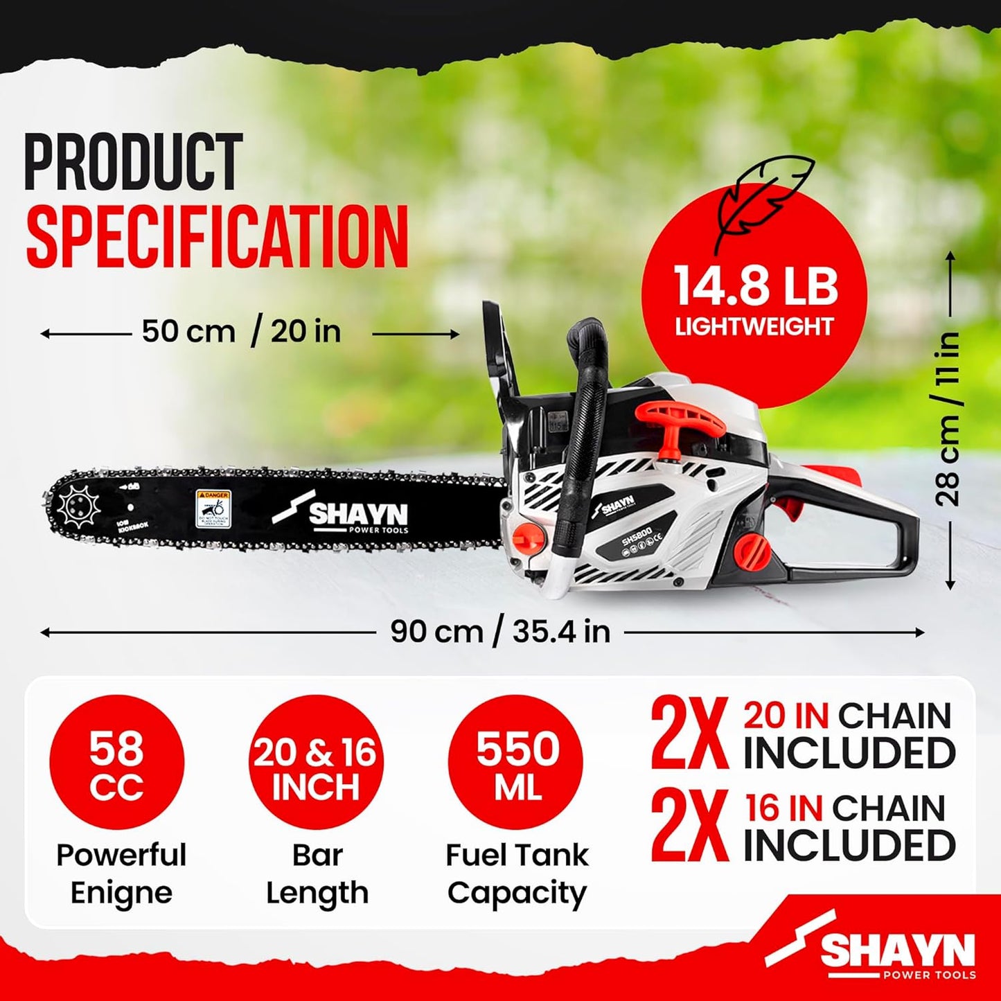 SHAYN 58cc Petrol Chainsaw - 2-Stroke Top Handle Chain Saw with 20" & 16" Bar, 4 Spare Chain, Anti-Vibration, Low-Noise, Auto Oiler, Toolkit & Carry Bag - Lightweight Garden Saw with 3-Year Warranty