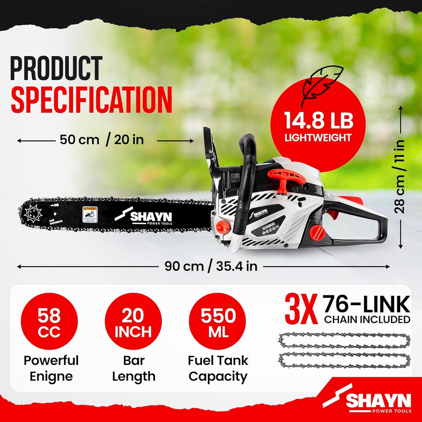 SHAYN 58cc Petrol Chainsaw - 2-Stroke Top Handle Chain Saw with 20" Bar, 3 Spare Chain, Anti-Vibration, Low-Noise, Auto Oiler, Toolkit & Carry Bag - Lightweight Garden Saw with 3-Year Warranty