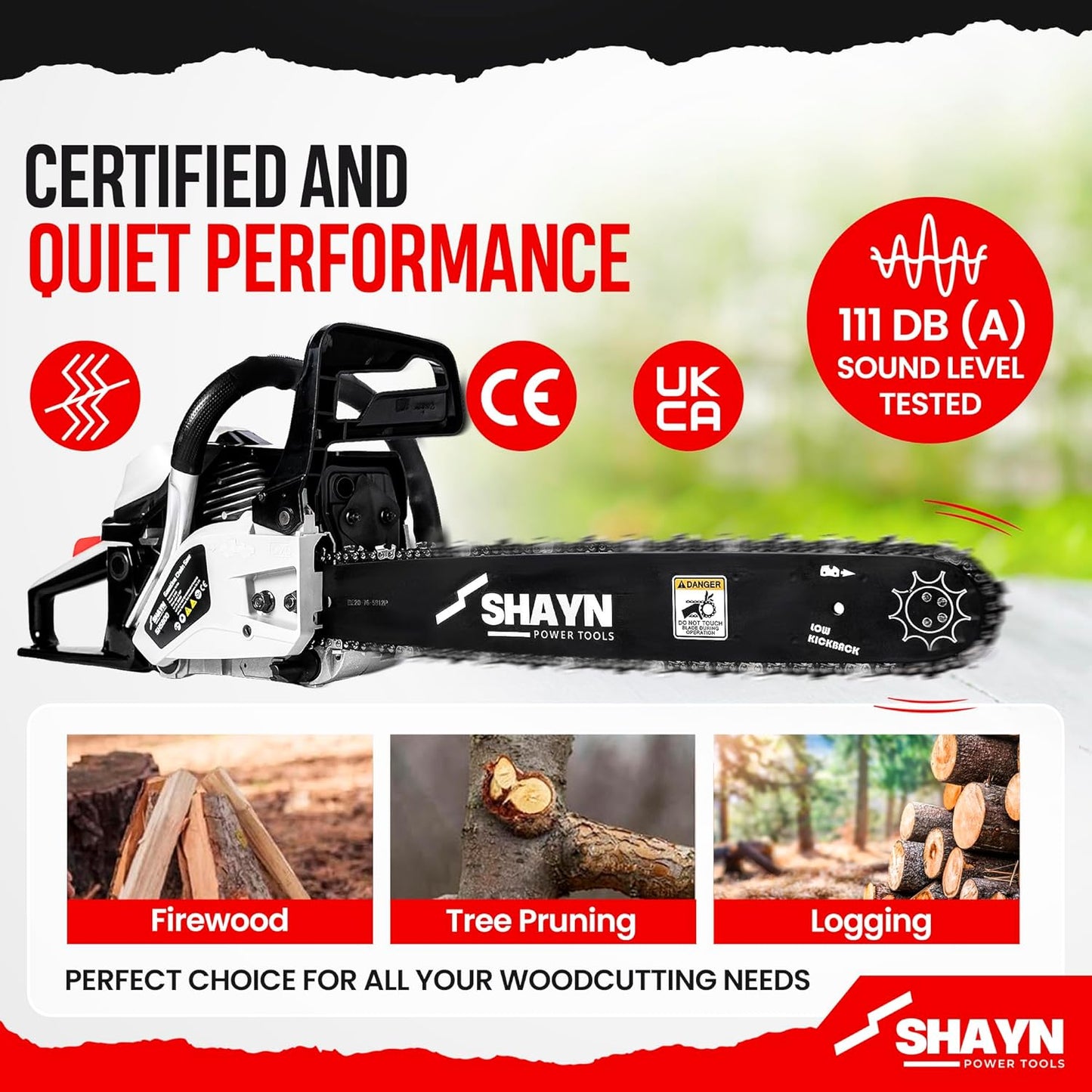 SHAYN 58cc Petrol Chainsaw - 2-Stroke Top Handle Chain Saw with 20" Bar, 3 Spare Chain, Anti-Vibration, Low-Noise, Auto Oiler, Toolkit & Carry Bag - Lightweight Garden Saw with 3-Year Warranty