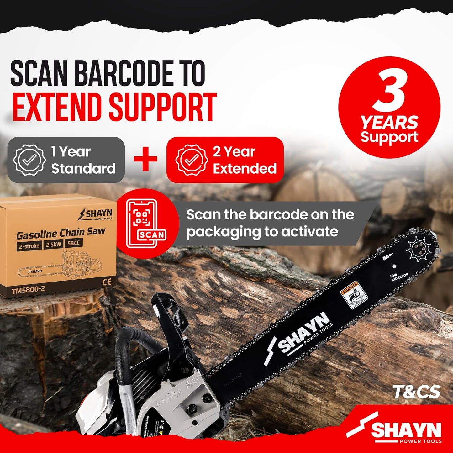 SHAYN 58cc Petrol Chainsaw - 2-Stroke Top Handle Chain Saw with 20" & 16" Bar, 4 Spare Chain, Anti-Vibration, Low-Noise, Auto Oiler, Toolkit & Carry Bag - Lightweight Garden Saw with 3-Year Warranty