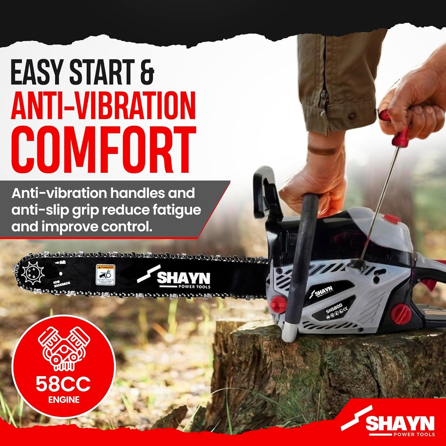 SHAYN 58cc Petrol Chainsaw - 2-Stroke Top Handle Chain Saw with 20" & 16" Bar, 4 Spare Chain, Anti-Vibration, Low-Noise, Auto Oiler, Toolkit & Carry Bag - Lightweight Garden Saw with 3-Year Warranty
