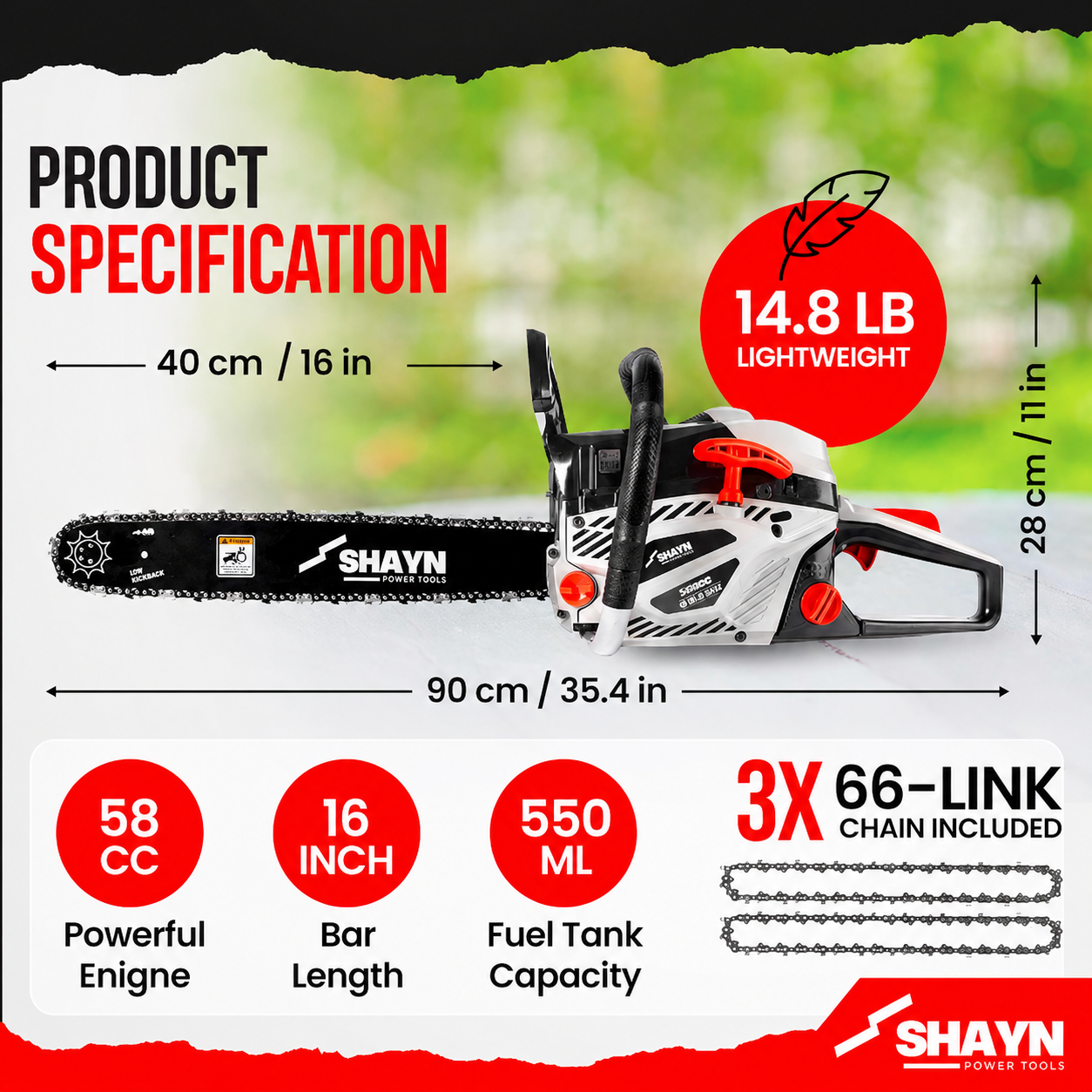 SHAYN 58cc Petrol Chainsaw - 2-Stroke Top Handle Chain Saw with 16" Bar, 3 Spare Chain, Anti-Vibration, Low-Noise, Auto Oiler, Toolkit & Carry Bag - Lightweight Garden Saw with 3-Year Warranty
