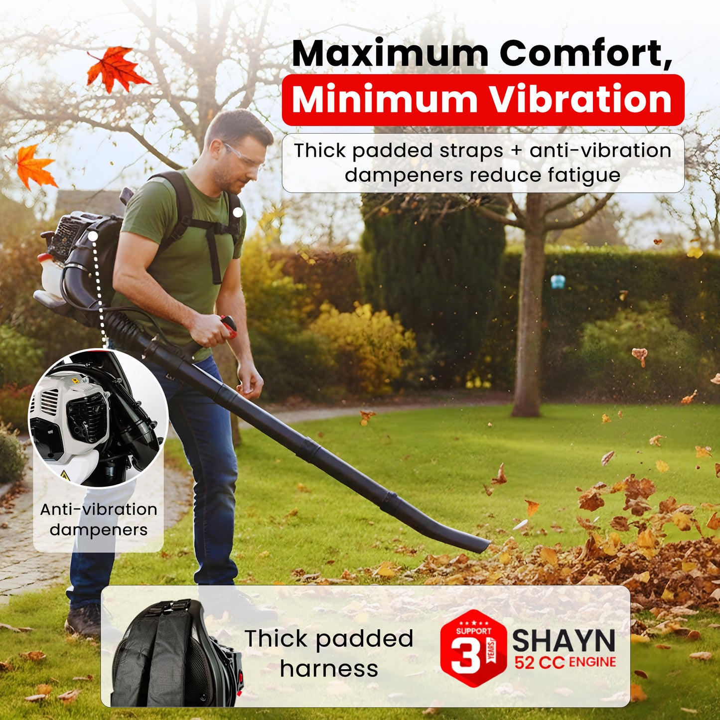52cc Petrol Leaf Blower Backpack - Easy Start 170MPH- Powerful Leaf Blower Petrol, 890CFM, Anti-Vibration, Padded Harness, 2-Stroke Garden Blower for Wet Leaves, Paths, Lawns, 3-Years Warranty