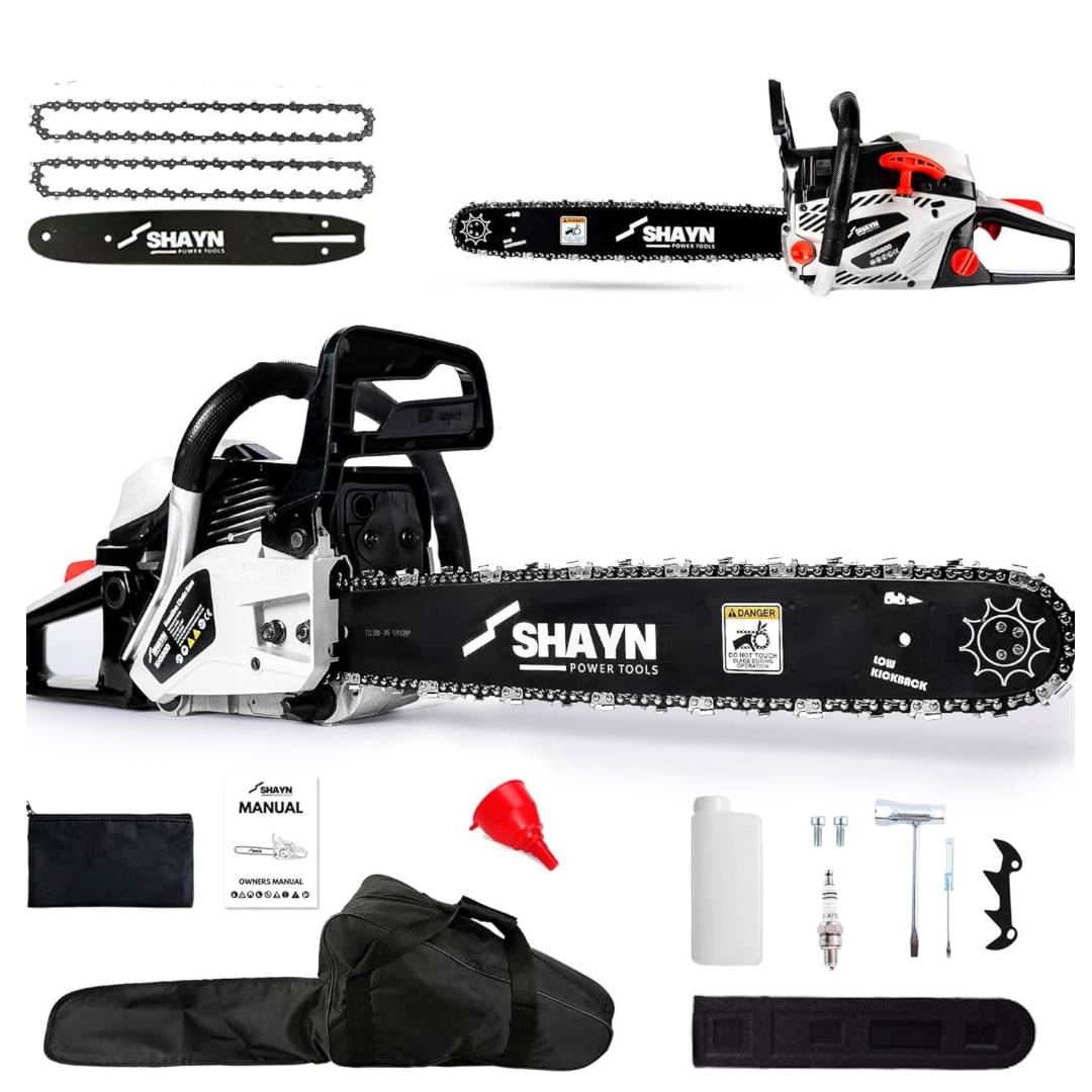 SHAYN 58cc Petrol Chainsaw - 2-Stroke Top Handle Chain Saw with 16" Bar, 2 Spare Chain, Anti-Vibration, Low-Noise, Auto Oiler, Toolkit & Carry Bag - Lightweight Garden Saw with 3-Year Warranty