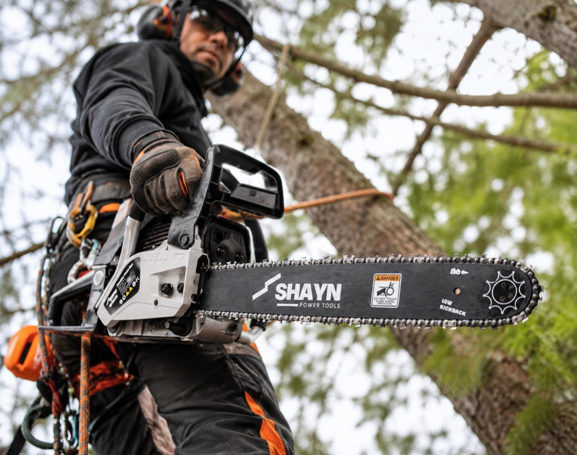 SHAYN chainsaw guide bar and chain fitted to a chainsaw