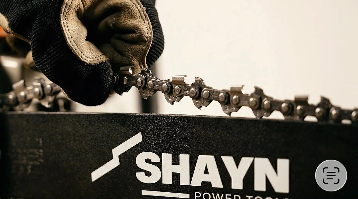 Close-up of SHAYN chainsaw chain fitted to guide bar