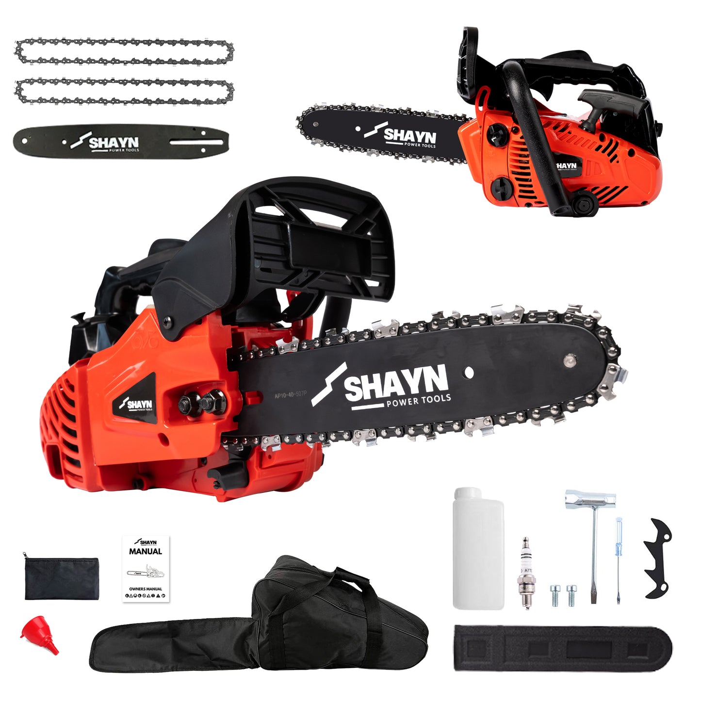 SHAYN 25.4cc Petrol Chainsaw 2-Stroke Top Handle Chain Saw with 10” Bar & Two Chains