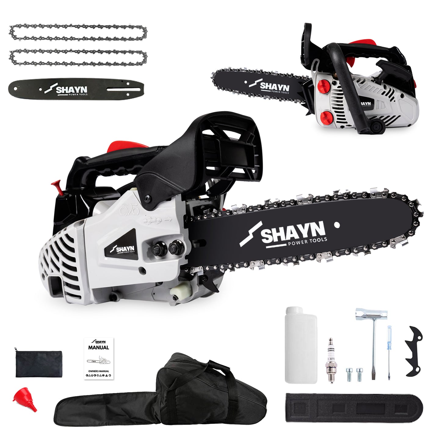 SHAYN 26cc Petrol Chainsaw 2-Stroke Top Handle Chain Saw with 10” Bar & Two Chains