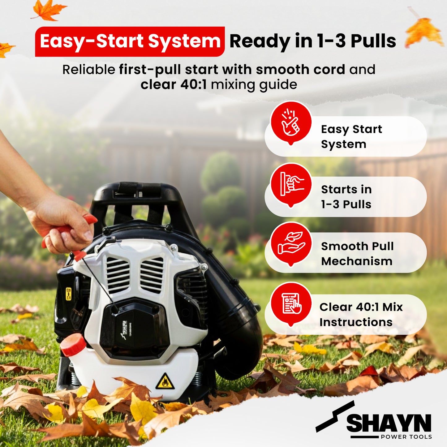 52cc Petrol Leaf Blower Backpack - Easy Start 170MPH- Powerful Leaf Blower Petrol, 890CFM, Anti-Vibration, Padded Harness, 2-Stroke Garden Blower for Wet Leaves, Paths, Lawns, 3-Years Warranty