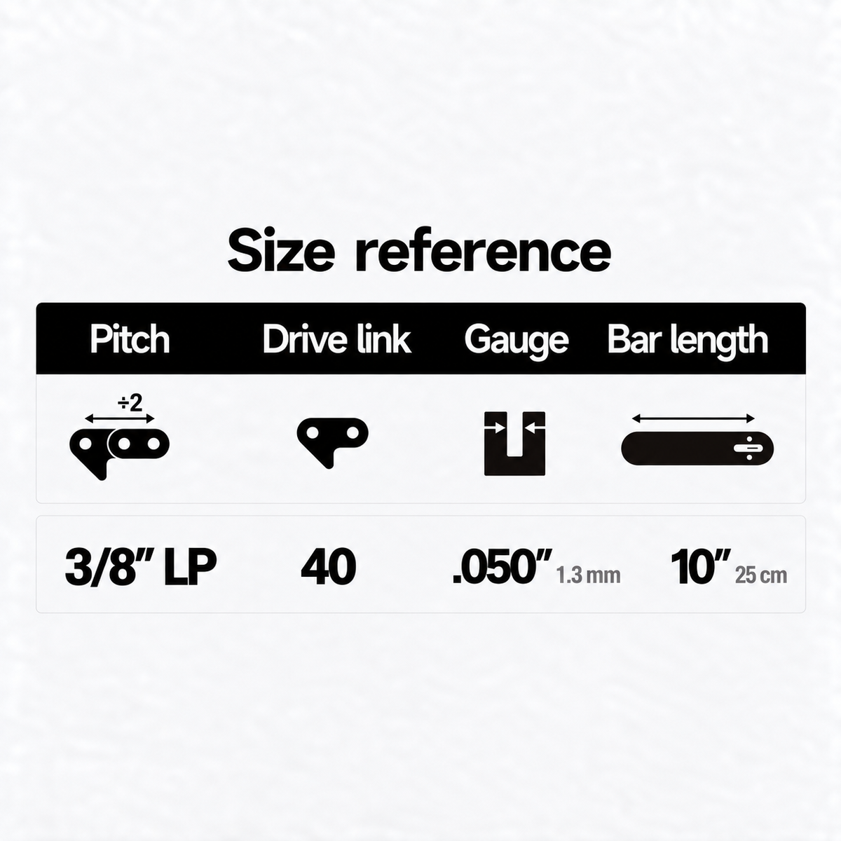 Size reference 10 inch 3/8LP .050 1.3mm 40 drive links