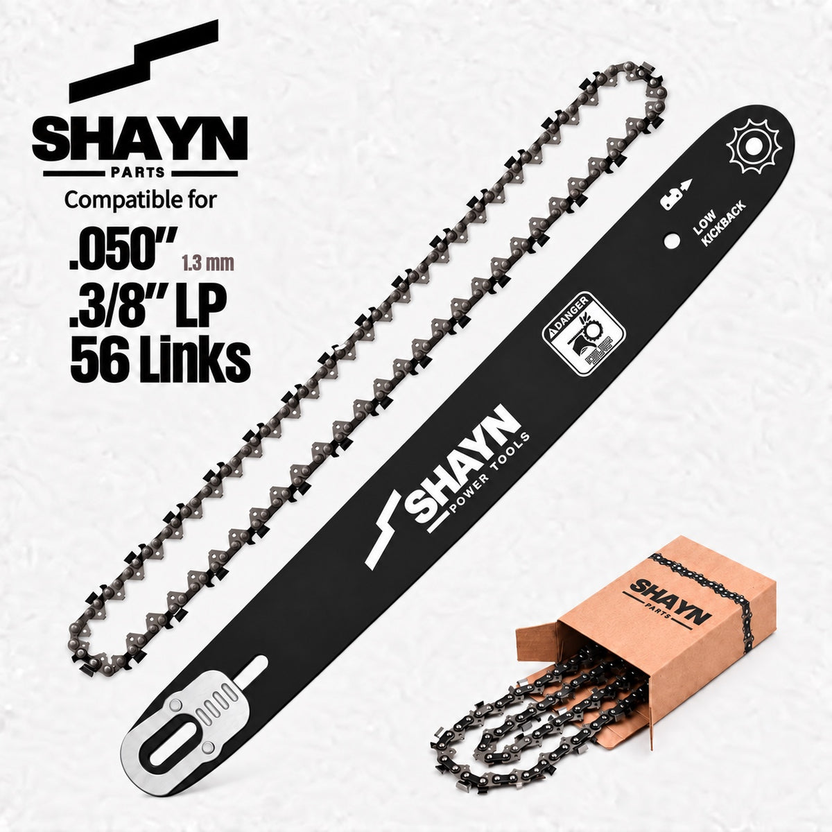 SHAYN 16 inch A041 guide bar with 1 chainsaw chain, 3/8 LP .050 1.3mm 56DL