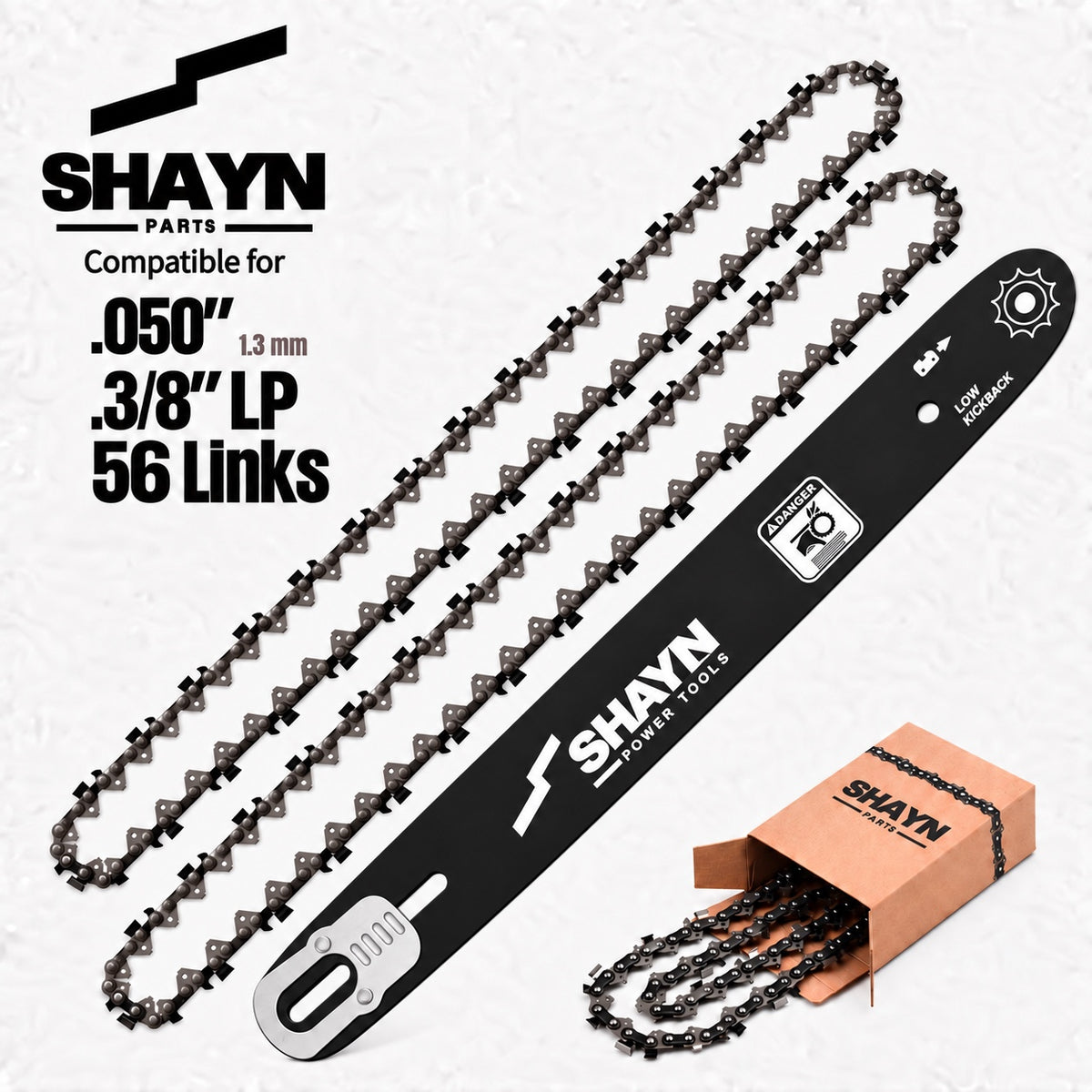 SHAYN 16 inch A041 guide bar with 2 chainsaw chains, 3/8 LP .050 1.3mm 56DL